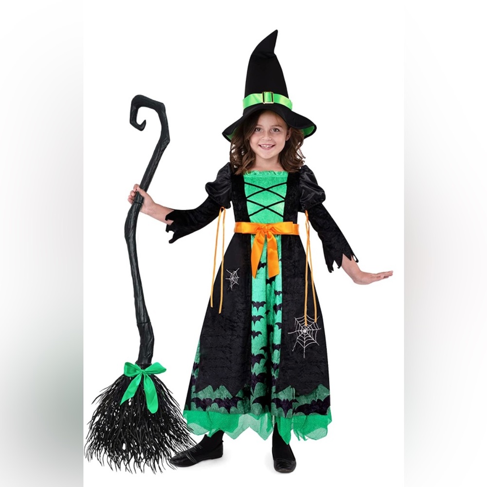 Green Witch Costume for Girls, Evil Fairytale Witch Costume Deluxe Set w Hat NEW